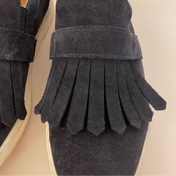 Anthropologie Fringe Slip On Suede Loafers Sneakers Navy Tassel Women US6 EUR37 - Picture 4 of 9